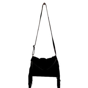 SORPRESA Black Suede Fringe Zippered Envelope Crossbody Shoulder Bag Boho Hippy